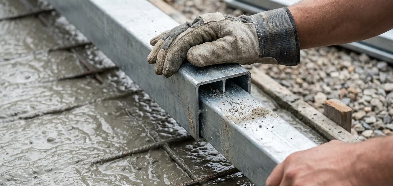 Galvanised steel H-post set into a concrete footing on a Toowoomba retaining wall job